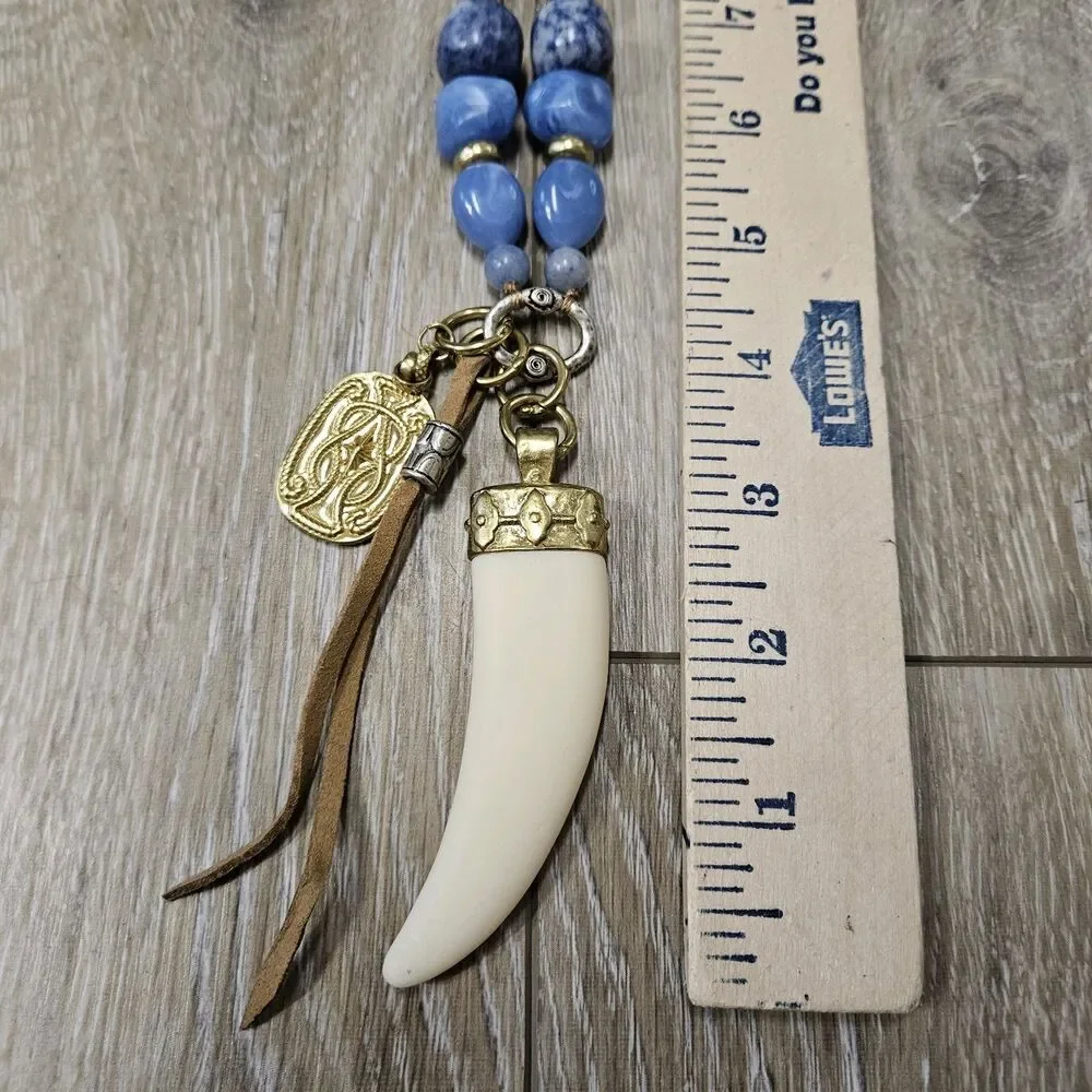 Chicos Long Statement Necklace Janet Blue Longhorn Pendant Beaded Leather Tassle